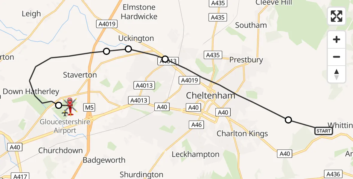 Flight path map showing Air Ambulance Helicopter route from Whittington to Gloucestershire Airport
