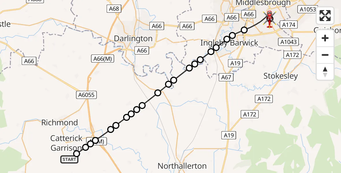 Flight path map showing Air Ambulance Helicopter route from Catterick Garrison to James Cook University Hospital