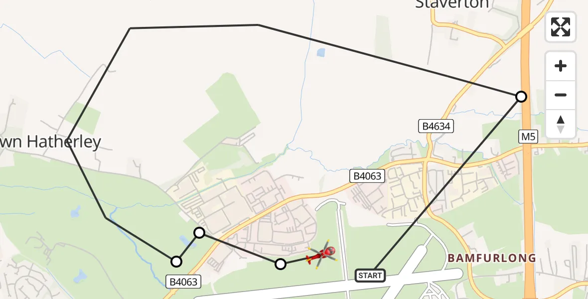 Flight path map showing Air Ambulance Helicopter route from Gloucestershire Airport to Gloucestershire Airport