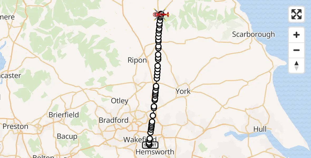 Flight path map showing Air Ambulance Helicopter route from YAA Nostell Helicopter Port to Osmotherley