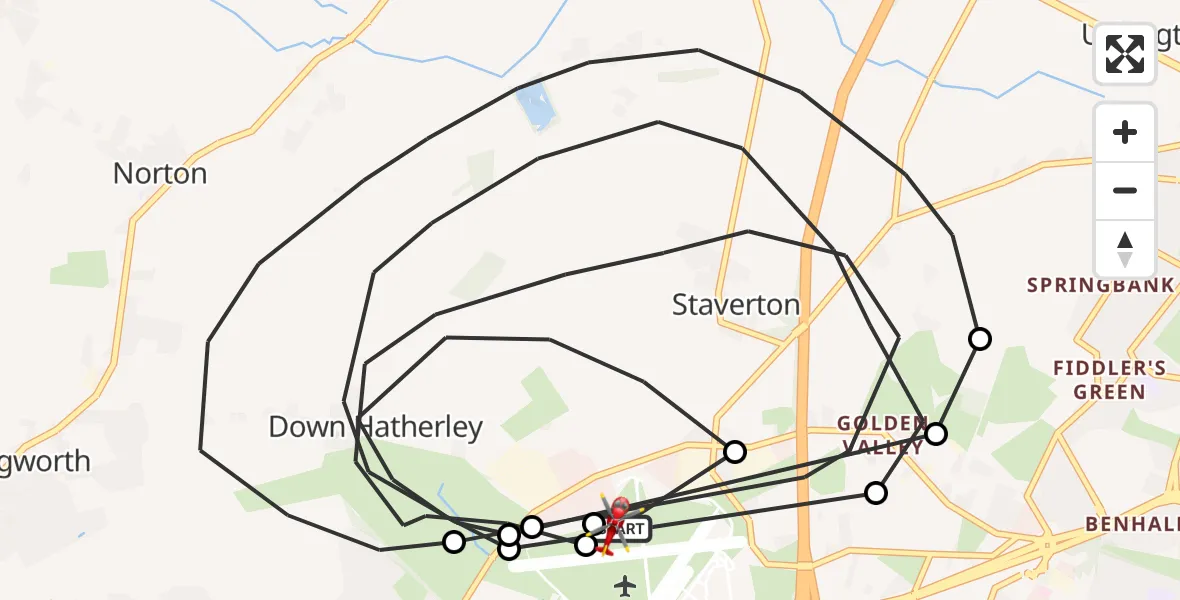 Flight path map showing Air Ambulance Helicopter route from Gloucestershire Airport to Gloucestershire Airport