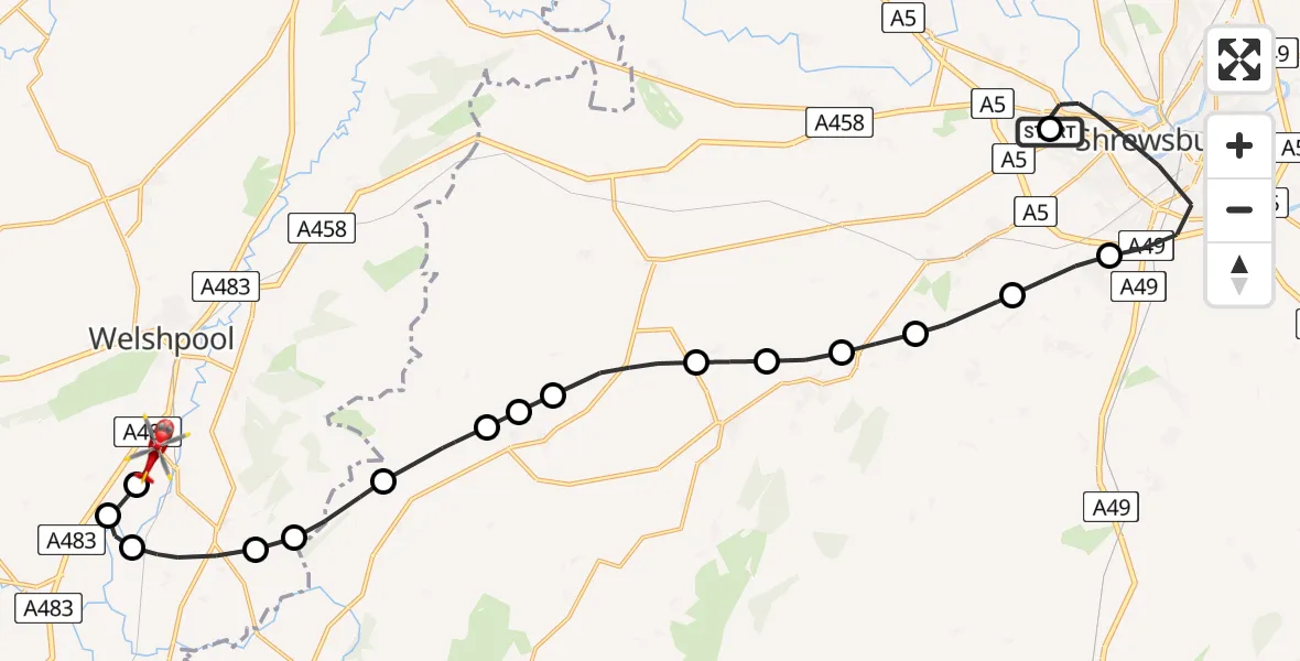 Flight path map showing Air Ambulance Helicopter route from Shrewsbury Royal Hospital to Welshpool Airport