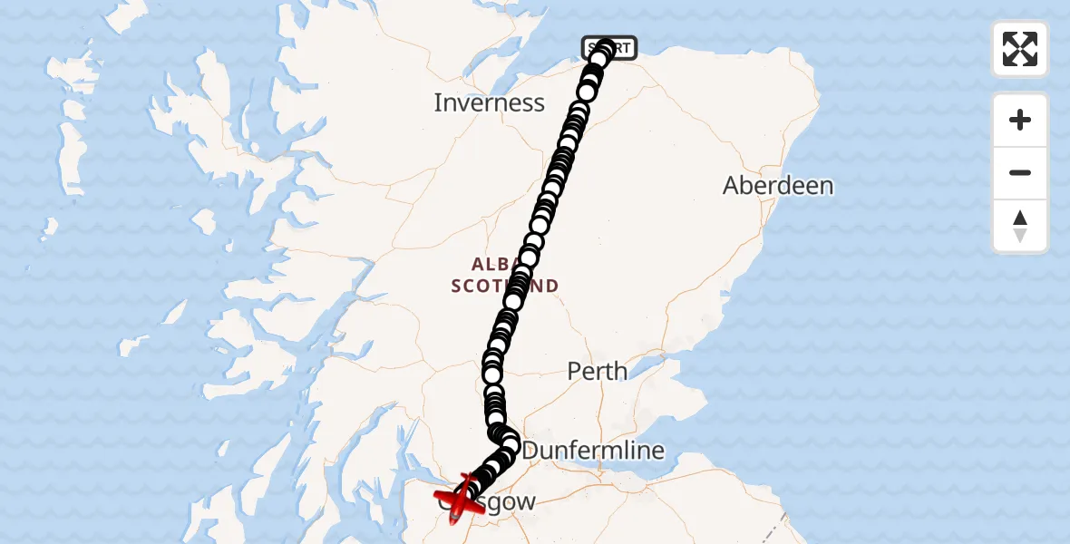 Flight path map showing Air Ambulance Aircraft route from RAF Lossiemouth to Glasgow Airport