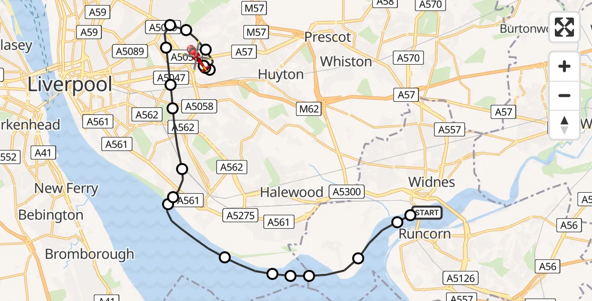 Flight path map showing Air Ambulance Helicopter route from Widnes to Knotty Ash