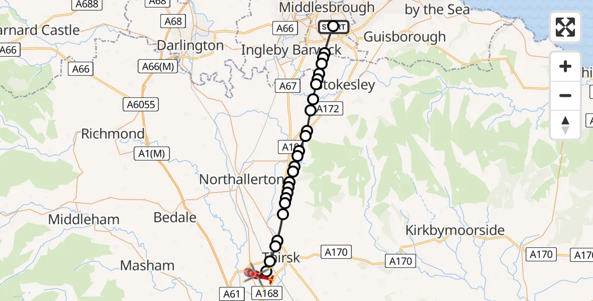 Flight path map showing Air Ambulance Helicopter route from James Cook University Hospital to RAF Topcliffe