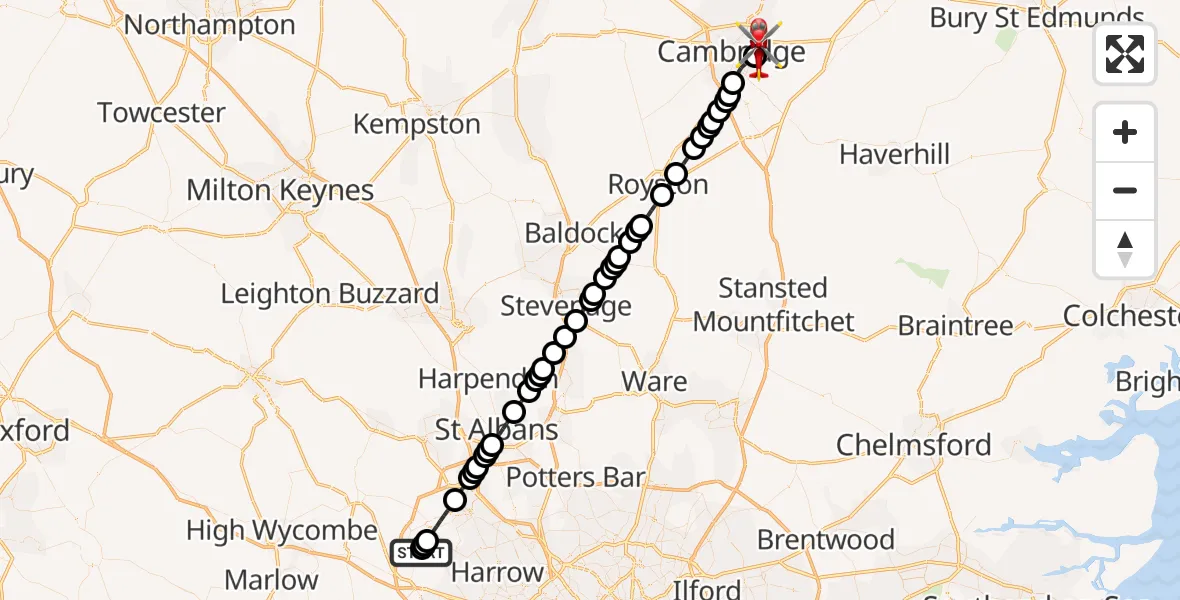 Flight path map showing Air Ambulance Helicopter route from Harefield Hospital to Cambridge City Airport