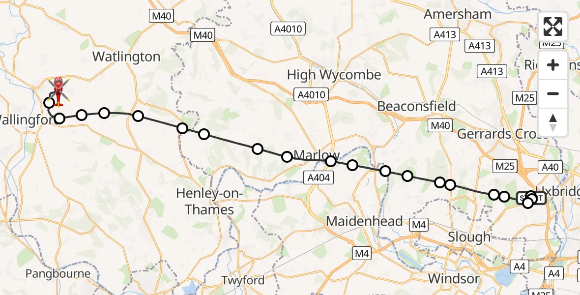 Flight path map showing Air Ambulance Helicopter route from Iver to RAF Benson