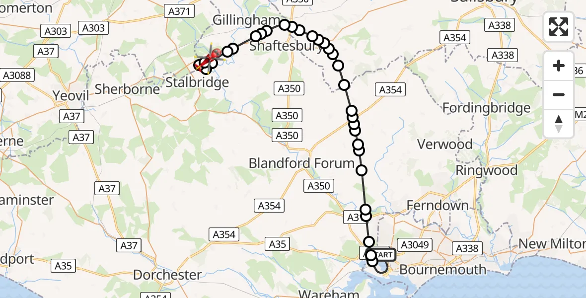 Flight path map showing Air Ambulance Helicopter route from Poole to Henstridge Airfield