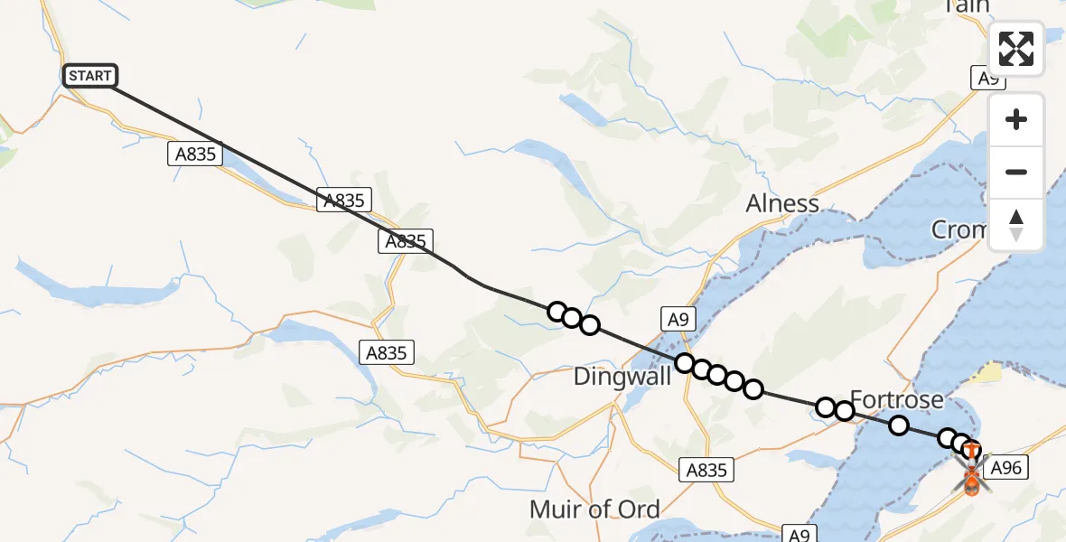 Flight path map showing Coastguard Helicopter route from Highland to Inverness Airport