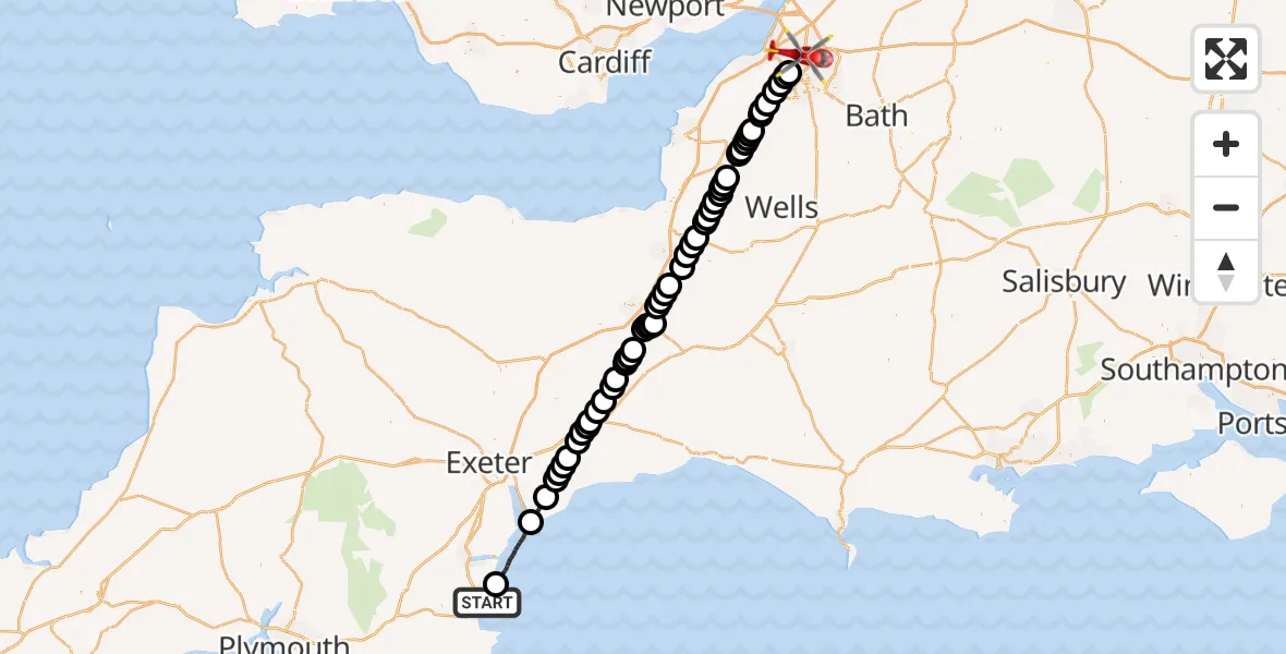Flight path map showing Air Ambulance Helicopter route from Torquay to Bristol