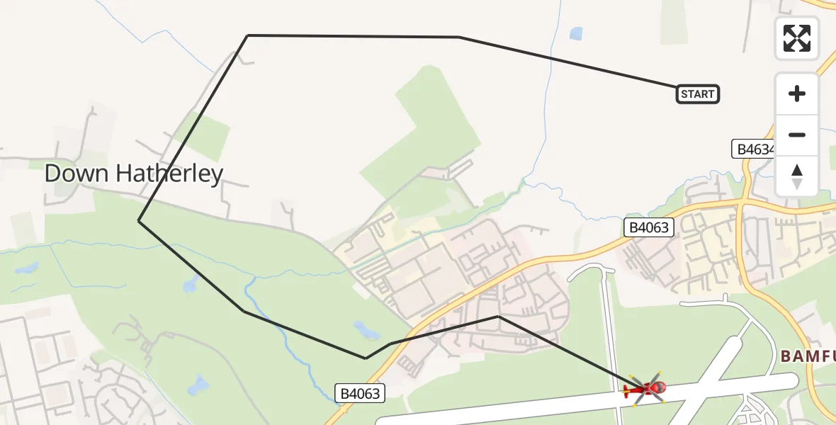 Flight path map showing Air Ambulance Helicopter route from Tewkesbury to Gloucestershire Airport