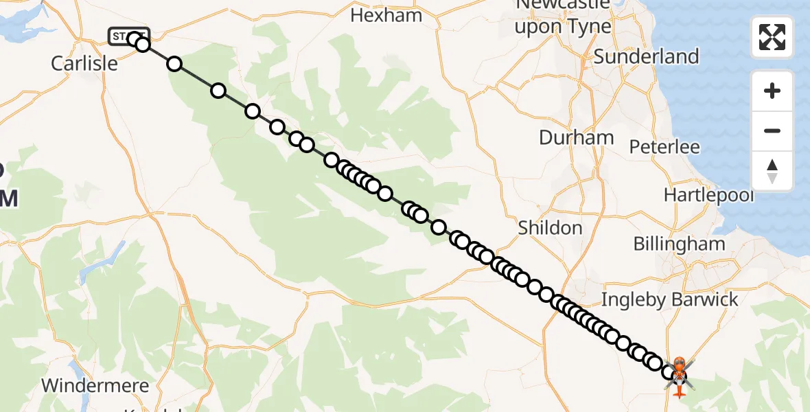 Flight path map showing Coastguard Helicopter route from Carlisle Lake District Airport to Osmotherley