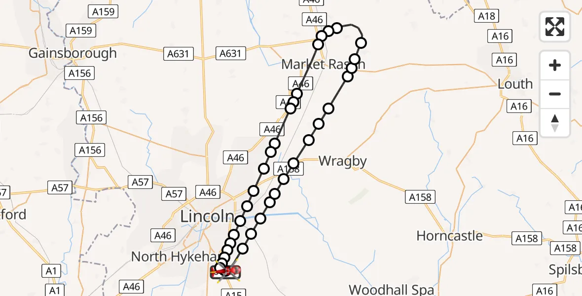 Flight path map showing Air Ambulance Helicopter route from RAF Waddington to North Kesteven