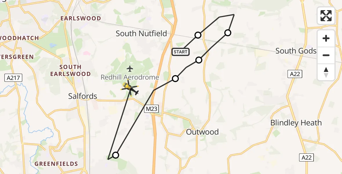 Flight path map showing Police Helicopter route from South Nutfield to Tandridge