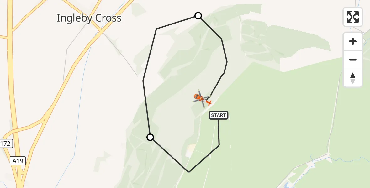 Flight path map showing Coastguard Helicopter route from Osmotherley to Osmotherley