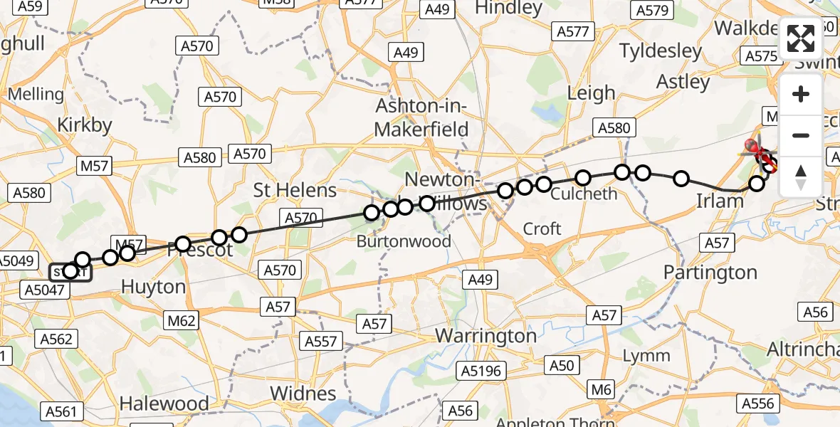 Flight path map showing Air Ambulance Helicopter route from Knotty Ash to Manchester Barton Aerodrome