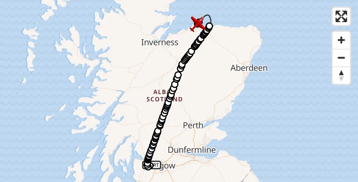 Flight path map showing Air Ambulance Aircraft route from Glasgow Airport to RAF Lossiemouth