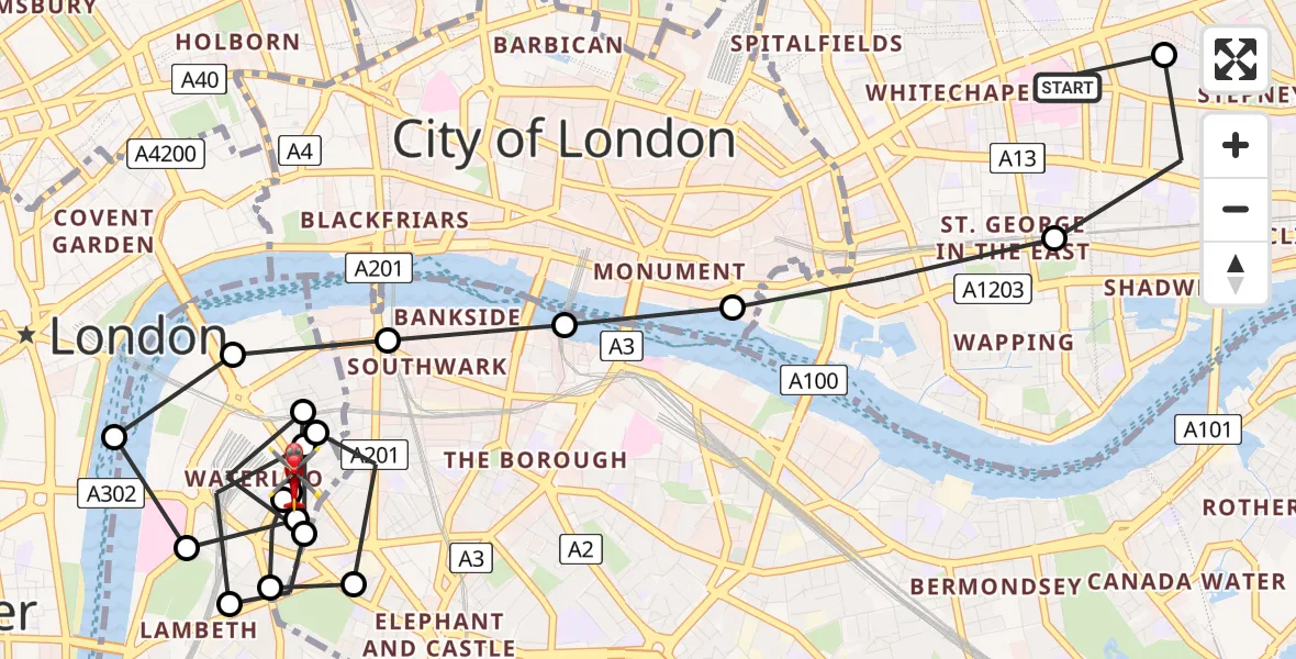 Flight path map showing Air Ambulance Helicopter route from Royal London Hospital to Waterloo