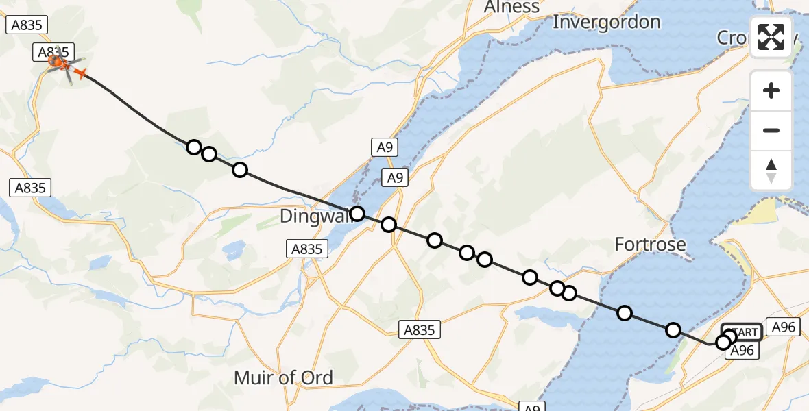 Flight path map showing Coastguard Helicopter route from Inverness Airport to Highland