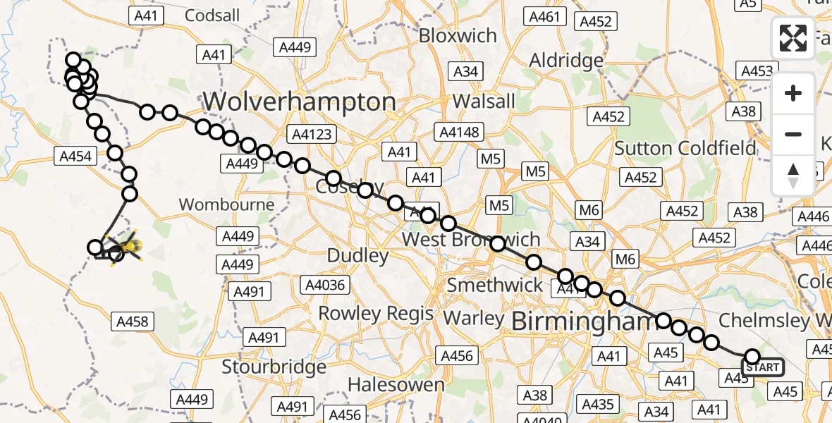 Flight path map showing Police Helicopter route from Birmingham Airport to Enville