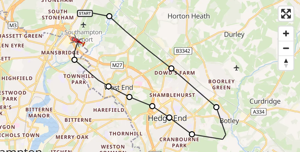 Flight path map showing Air Ambulance Helicopter route from Southampton Airport to Southampton Airport