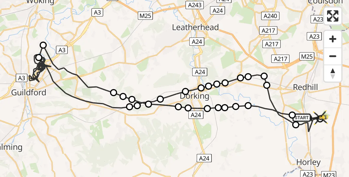 Flight path map showing Police Helicopter route from Salfords to Salfords