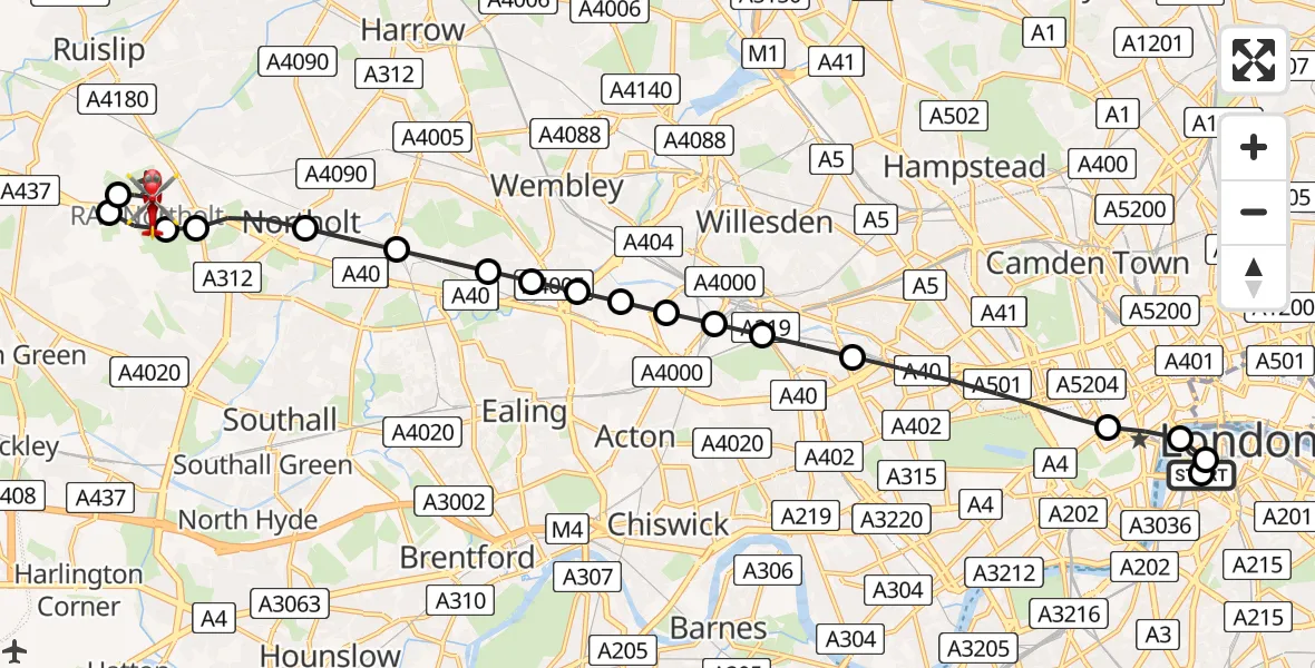 Flight path map showing Air Ambulance Helicopter route from Waterloo to RAF Northolt