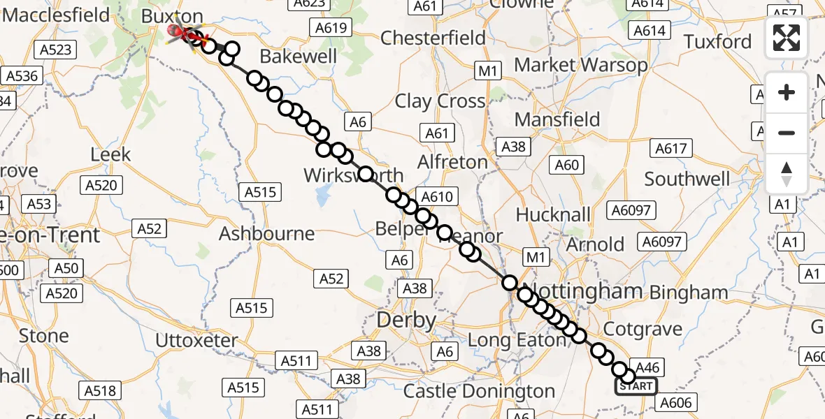 Flight path map showing Air Ambulance Helicopter route from Widmerpool to Harpur Hill