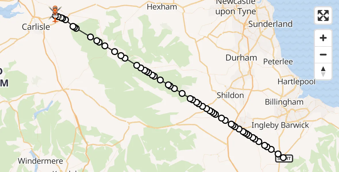 Flight path map showing Coastguard Helicopter route from Osmotherley to Carlisle Lake District Airport