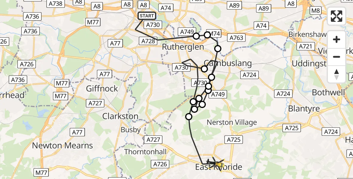 Flight path map showing Police Helicopter route from Glasgow to East Kilbride