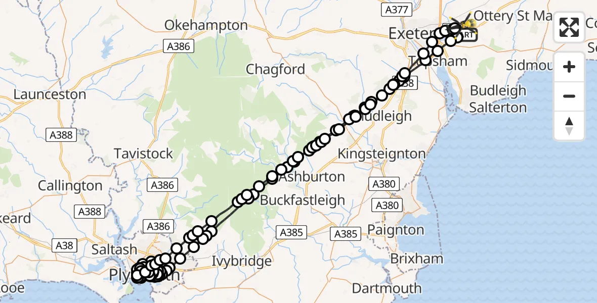 Flight route Police Helicopter East Devon - Exeter International Airport, 04 May 2026, 19:46