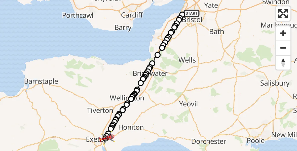 Flight path map showing Air Ambulance Helicopter route from Bristol to Exeter International Airport