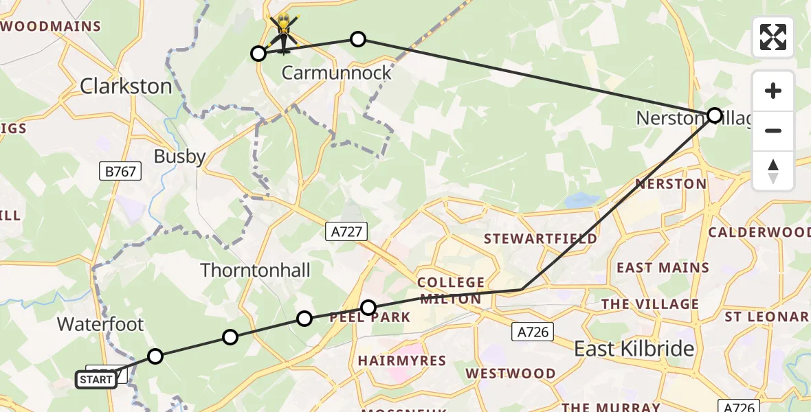 Flight path map showing Police Helicopter route from Waterfoot to Carmunnock
