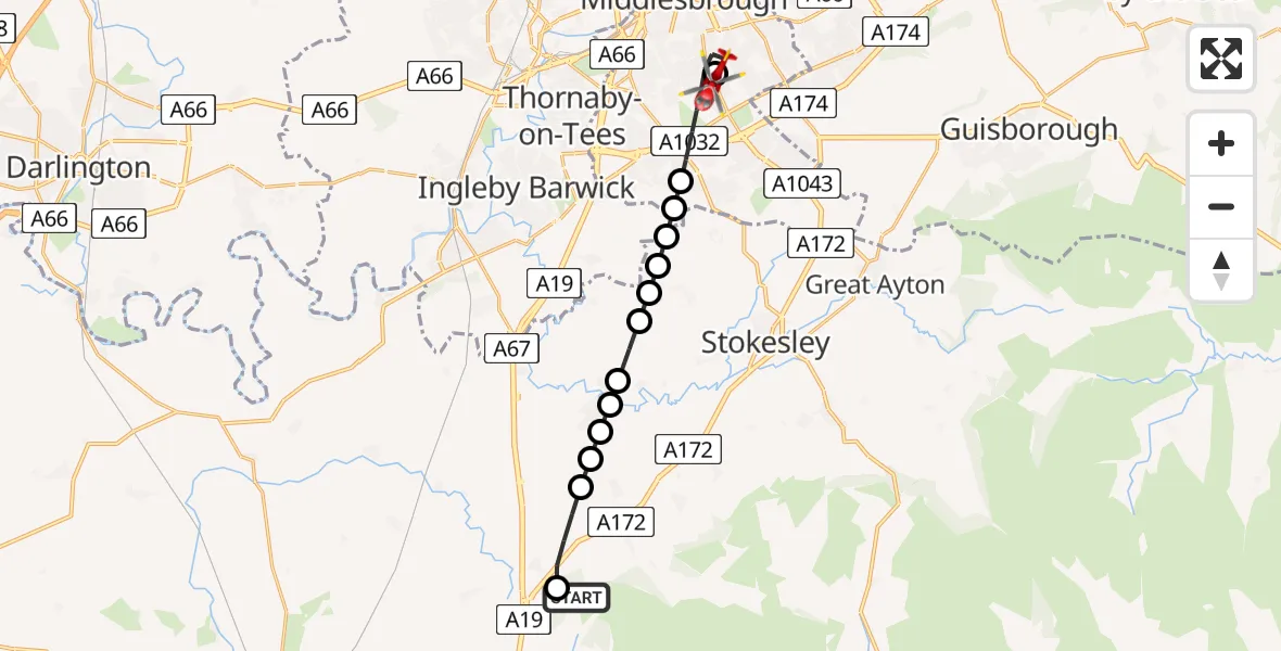 Flight path map showing Air Ambulance Helicopter route from Osmotherley to James Cook University Hospital