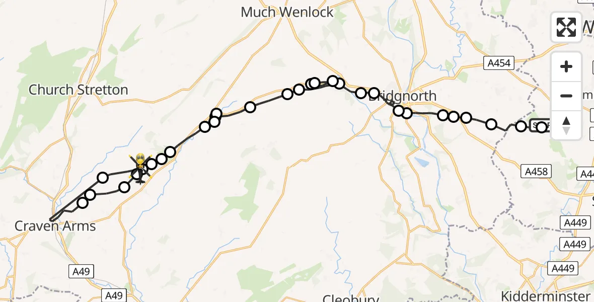 Flight path map showing Police Helicopter route from Wolverhampton Halfpenny Green Airport to Aston Munslow