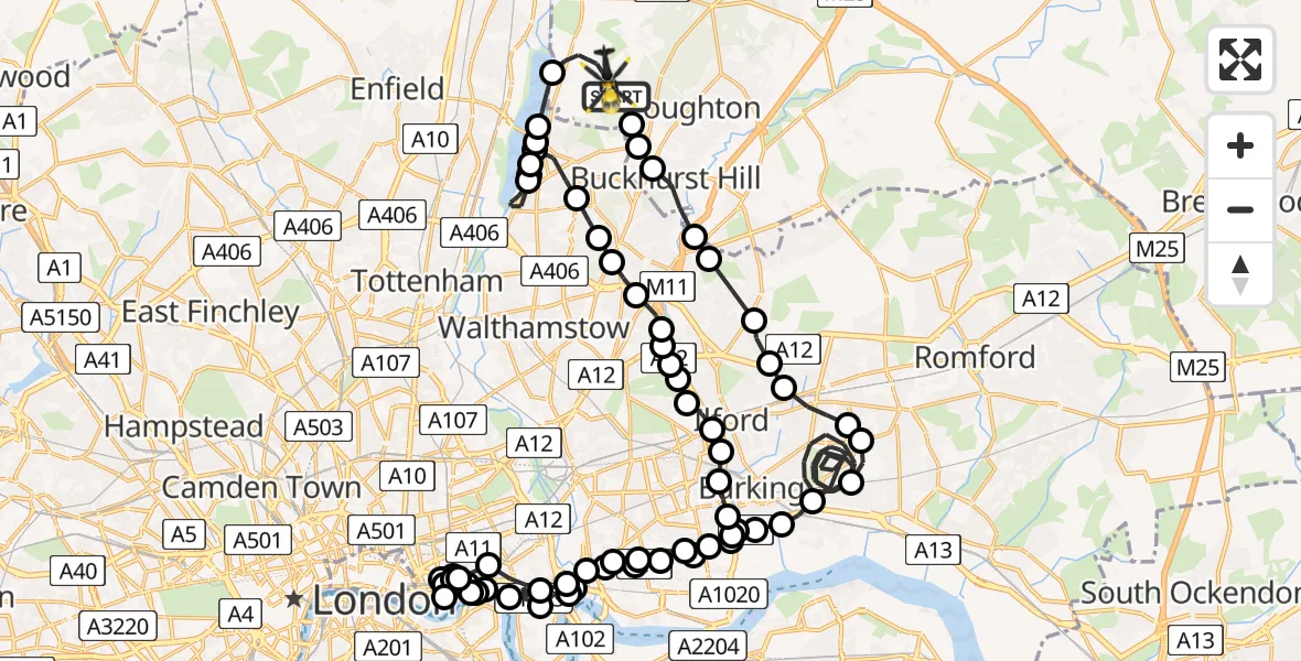 Flight path map showing Police Helicopter route from Metropolitan Police Air Support Unit Lippitts Hill to Metropolitan Police Air Support Unit Lippitts Hill