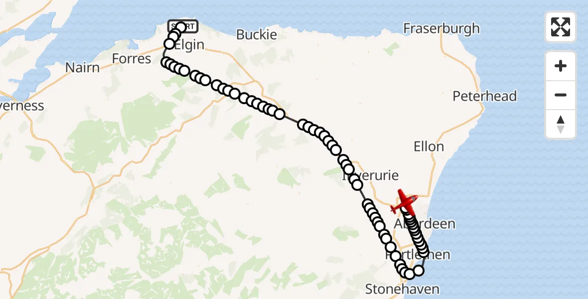 Flight path map showing Air Ambulance Aircraft route from RAF Lossiemouth to Aberdeen International Airport