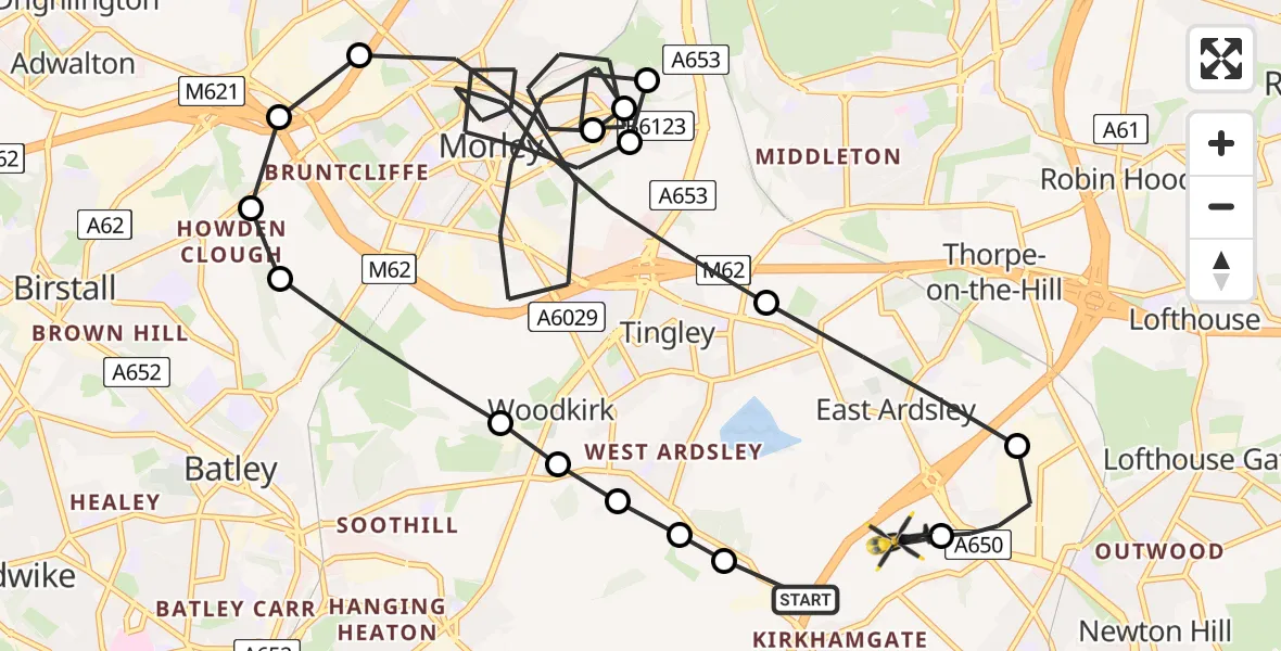 Flight path map showing Police Helicopter route from East Ardsley to East Ardsley