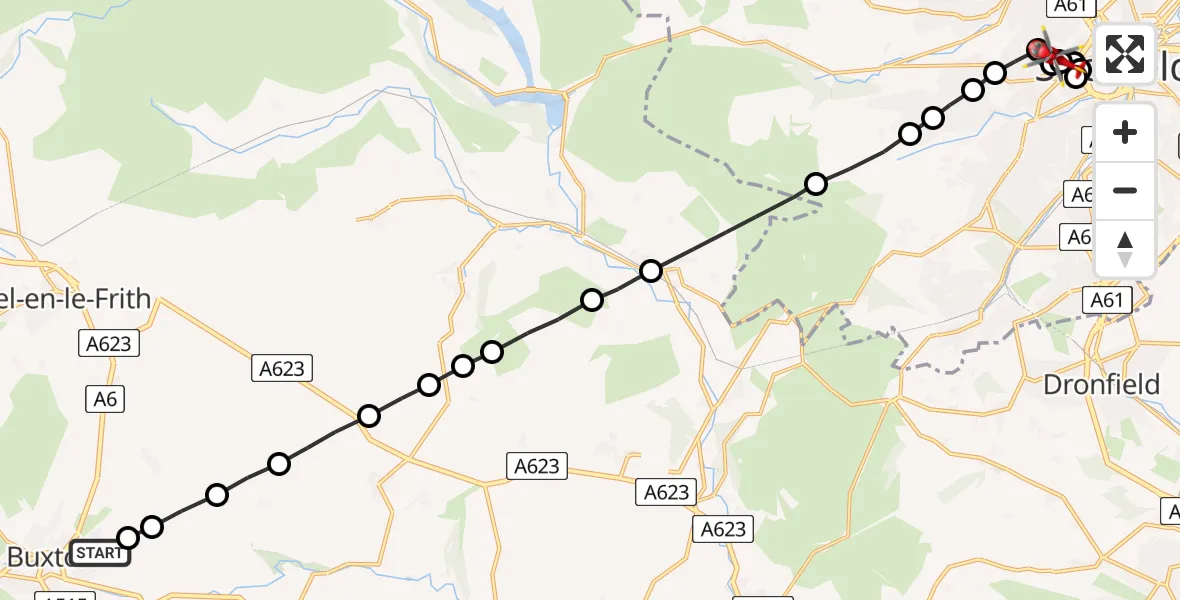 Flight path map showing Air Ambulance Helicopter route from Buxton to Broomhill