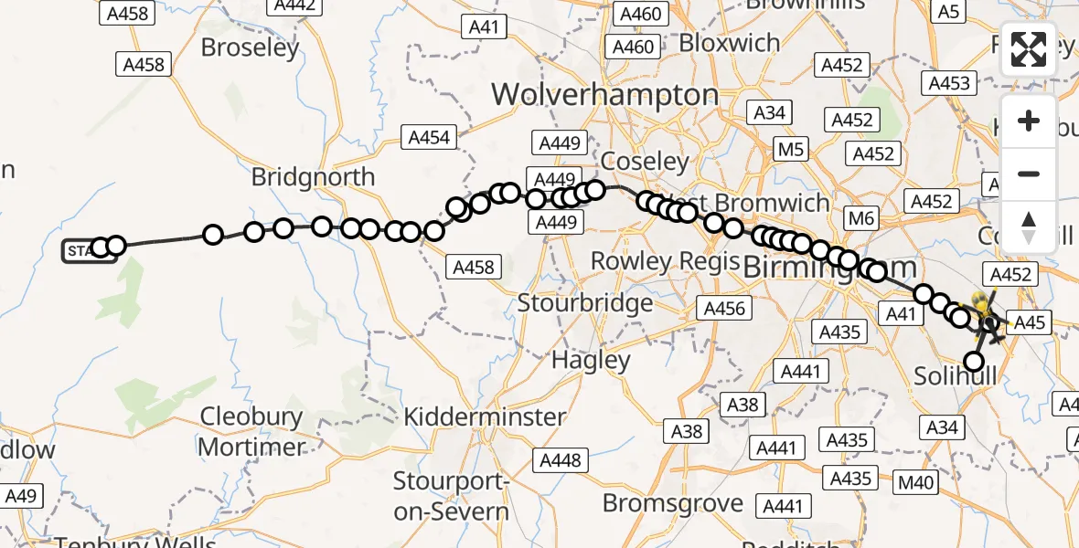 Flight path map showing Police Helicopter route from Tugford to Birmingham Airport