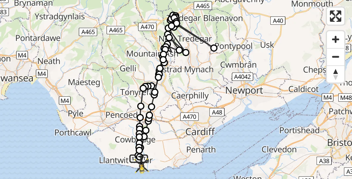 Flight path map showing Police Helicopter route from MOD St Athan to MOD St Athan