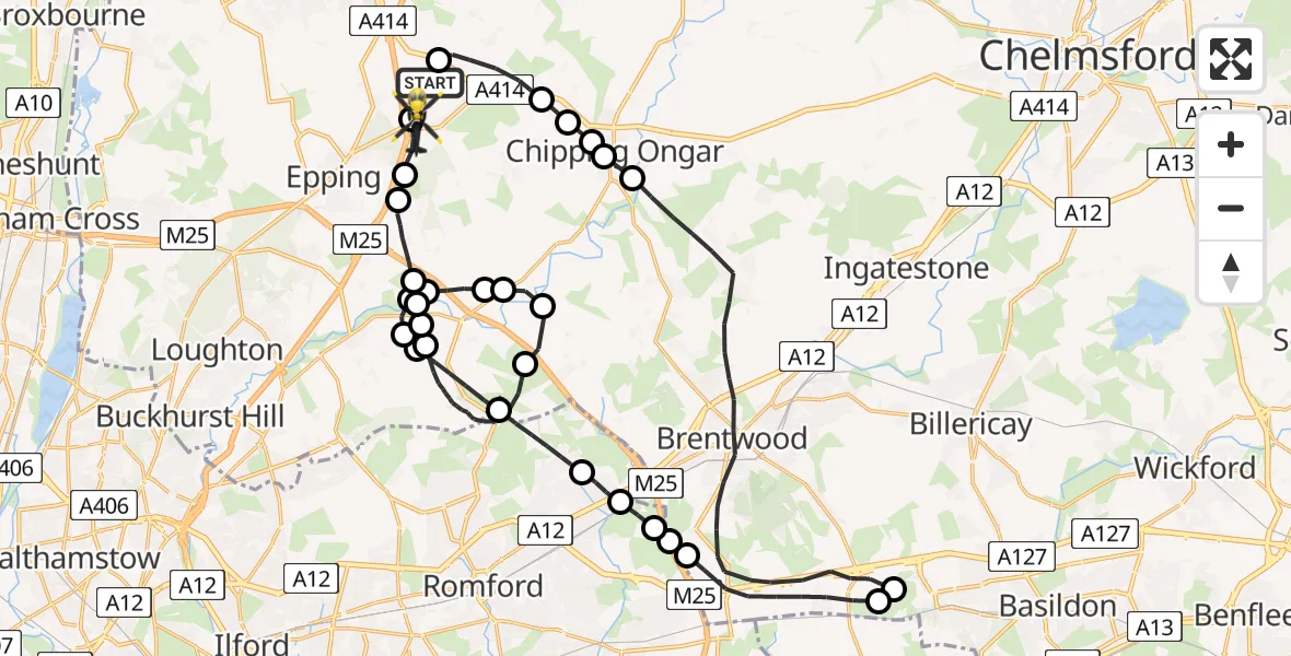 Flight path map showing Police Helicopter route from North Weald Airfield to North Weald Airfield