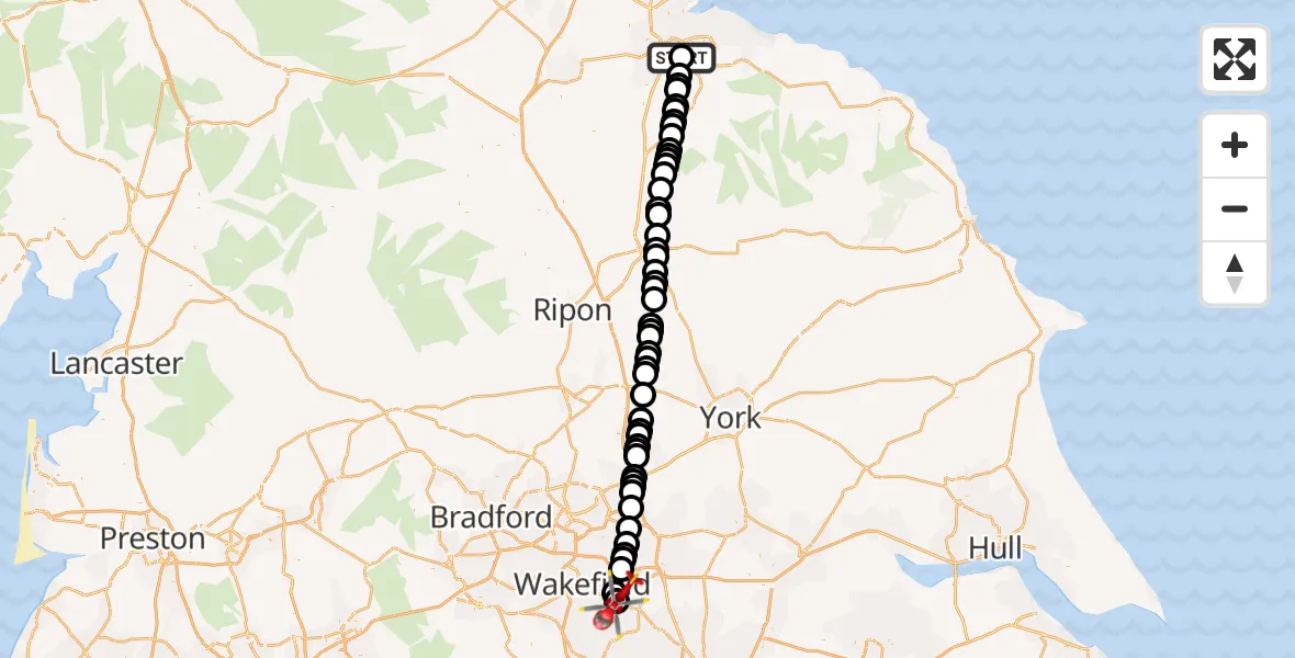 Flight path map showing Air Ambulance Helicopter route from James Cook University Hospital to YAA Nostell Helicopter Port
