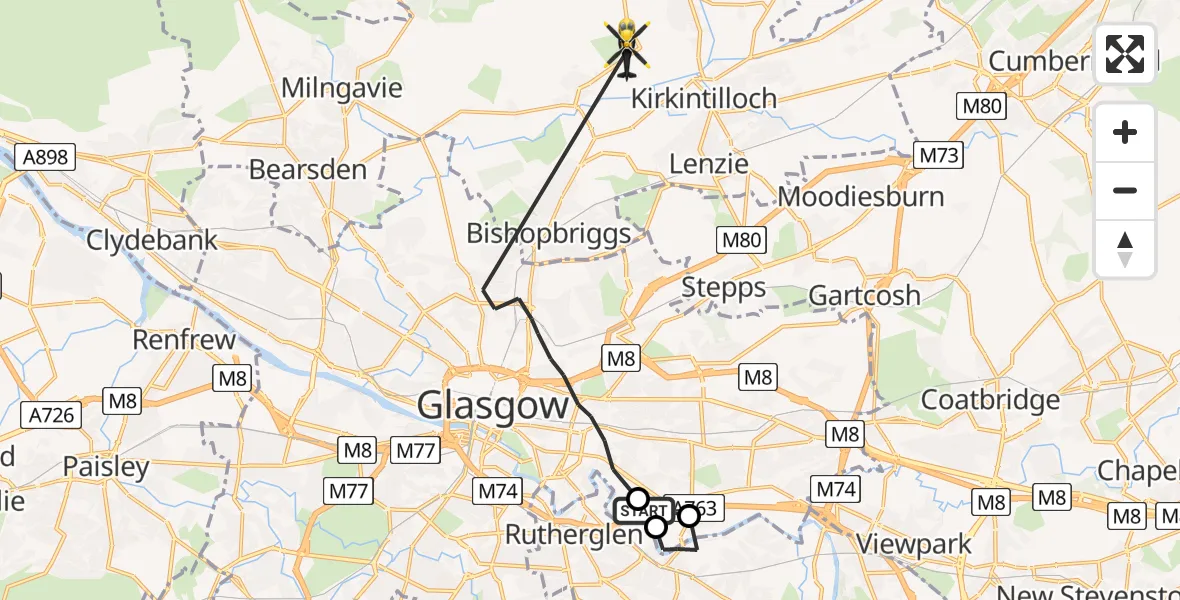 Flight path map showing Police Helicopter route from Glasgow to Torrance