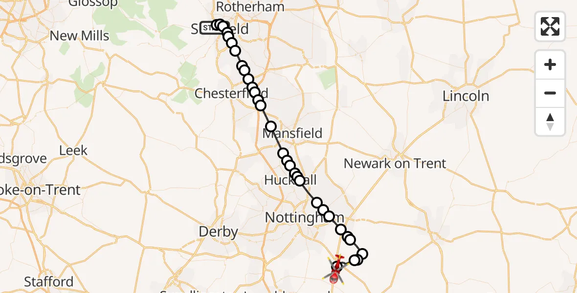Flight path map showing Air Ambulance Helicopter route from Netherthorpe to Nottingham Heliport