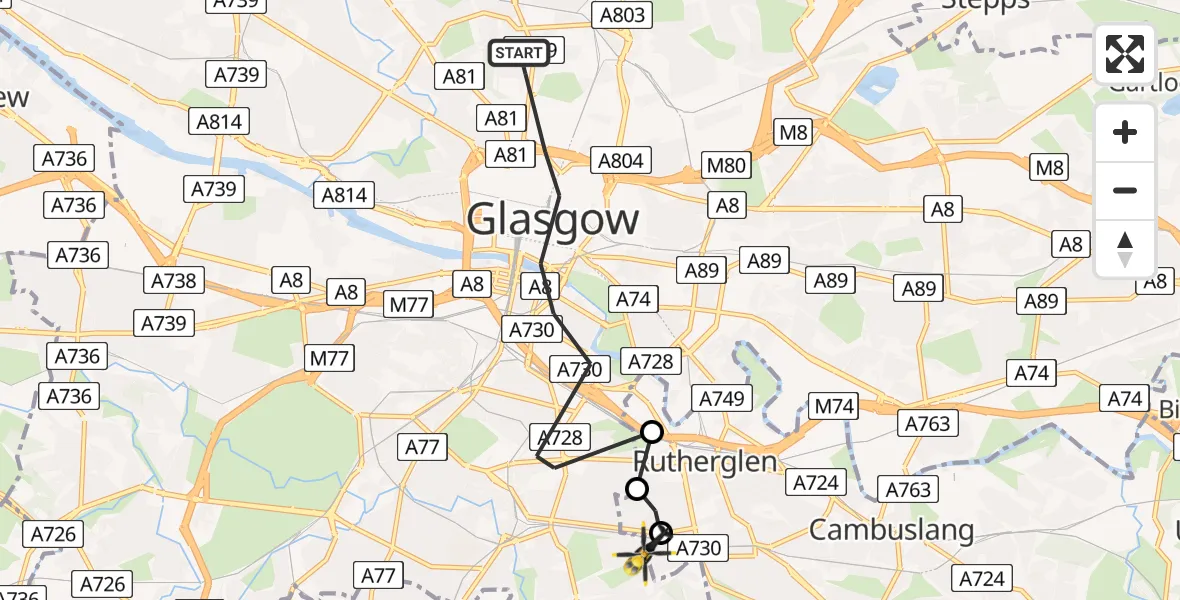Flight path map showing Police Helicopter route from Glasgow to Glasgow