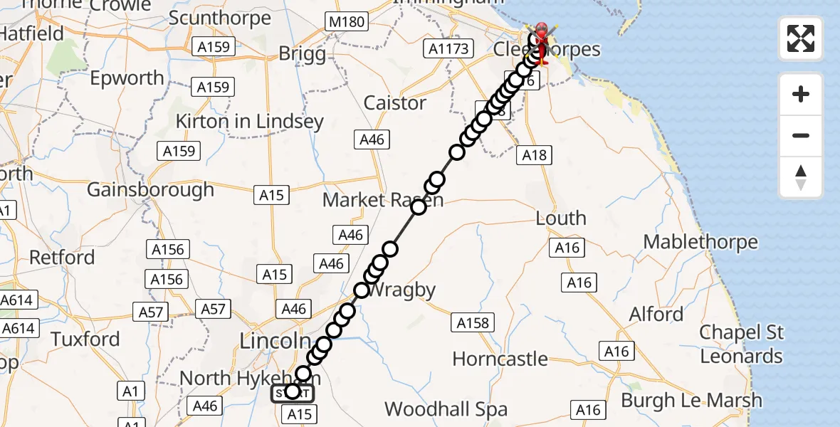 Flight path map showing Air Ambulance Helicopter route from RAF Waddington to Cleethorpes