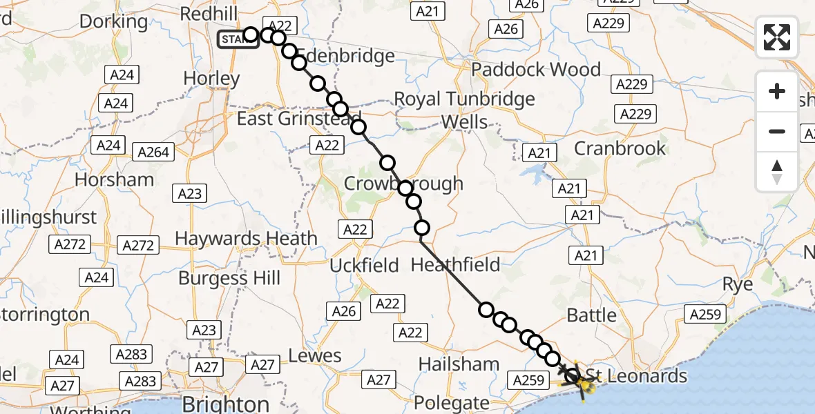 Flight path map showing Police Helicopter route from South Nutfield to Bexhill-on-Sea