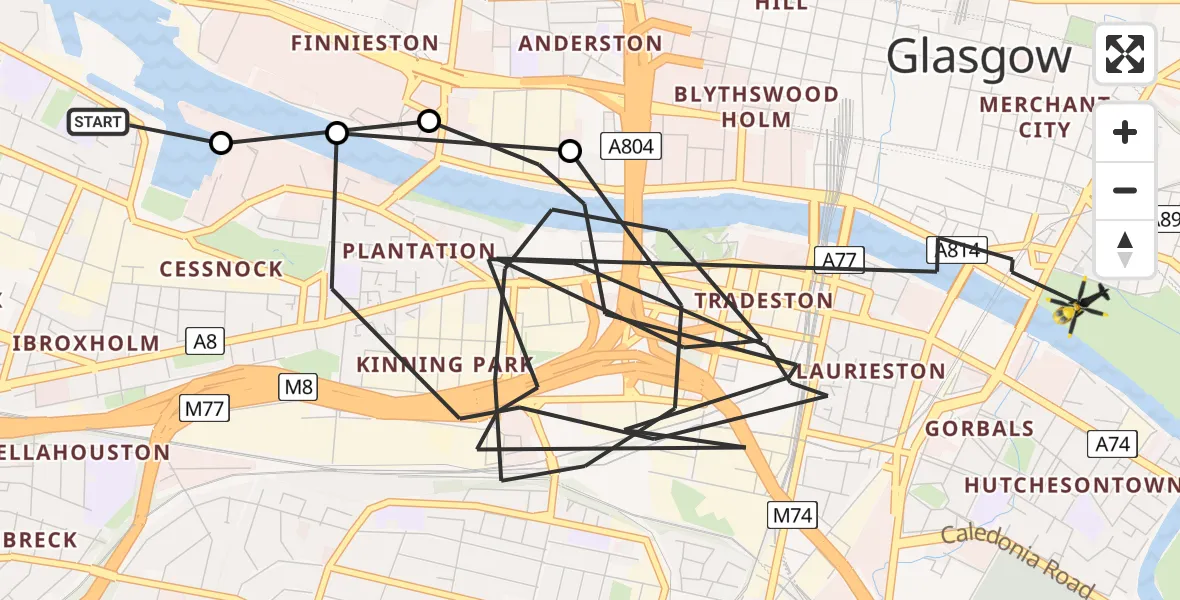 Flight path map showing Police Helicopter route from Glasgow City Heliport to Glasgow