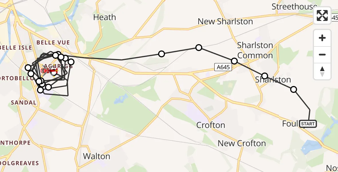 Flight path map showing Air Ambulance Helicopter route from YAA Nostell Helicopter Port to Heath